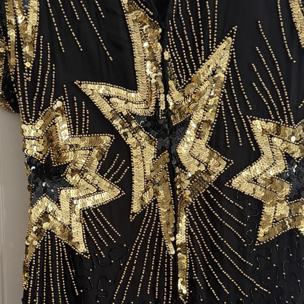 Stenay 100% Pure Silk Art Deco Style Beaded & Sequins Black/ Gold Vtg Dress - Picture 5 of 6